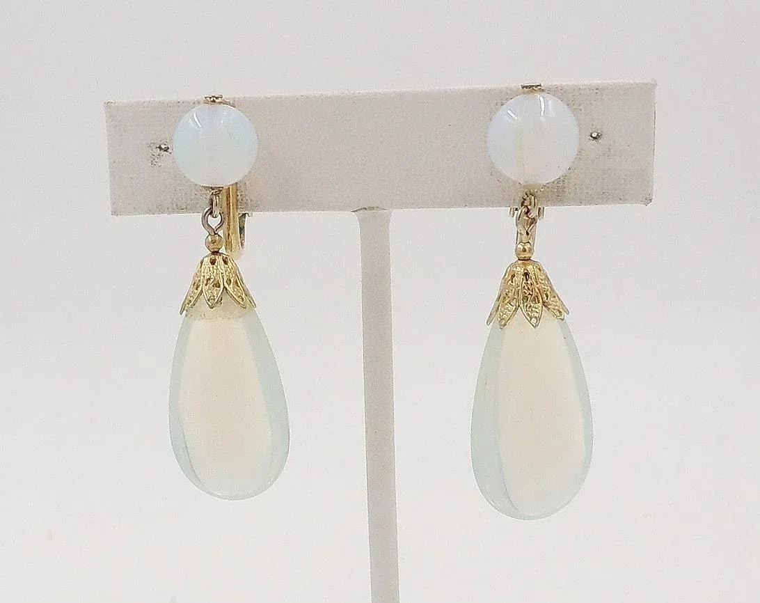 Vintage 1960s Signed Napier Faux-Moonstone Rhinestone Drop Clip Earrings - 2 Pieces - 2