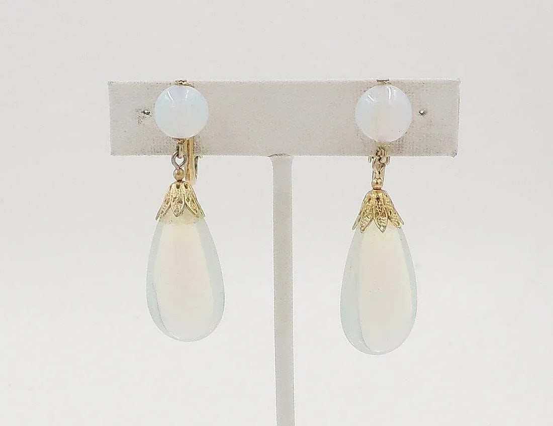 Vintage 1960s Signed Napier Faux-Moonstone Rhinestone Drop Clip Earrings - 2 Pieces - 3