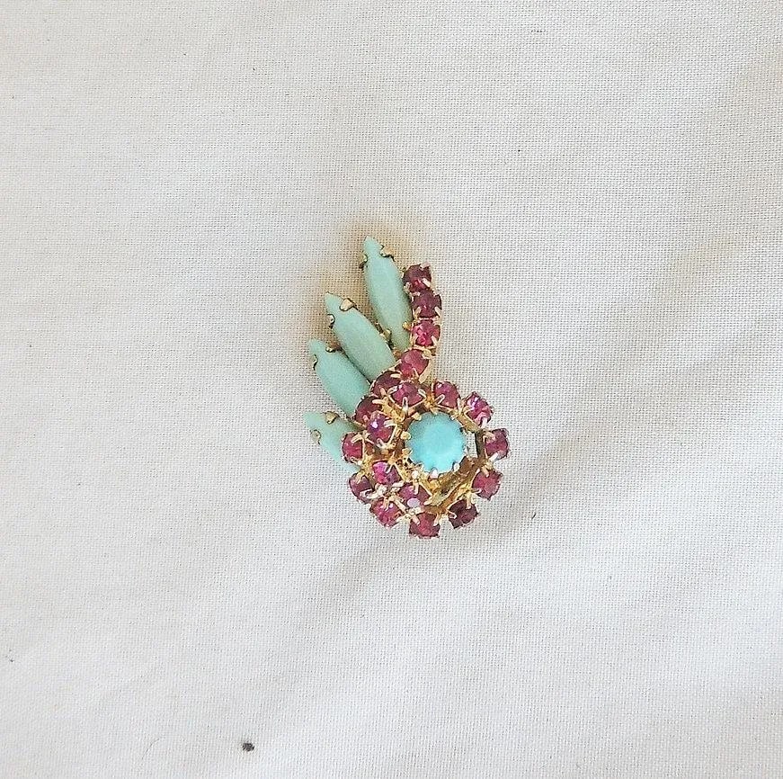 Vintage 1960s Faux-Turquoise & Faux-Ruby Rhinestone Earrings - 2 Pieces - 2