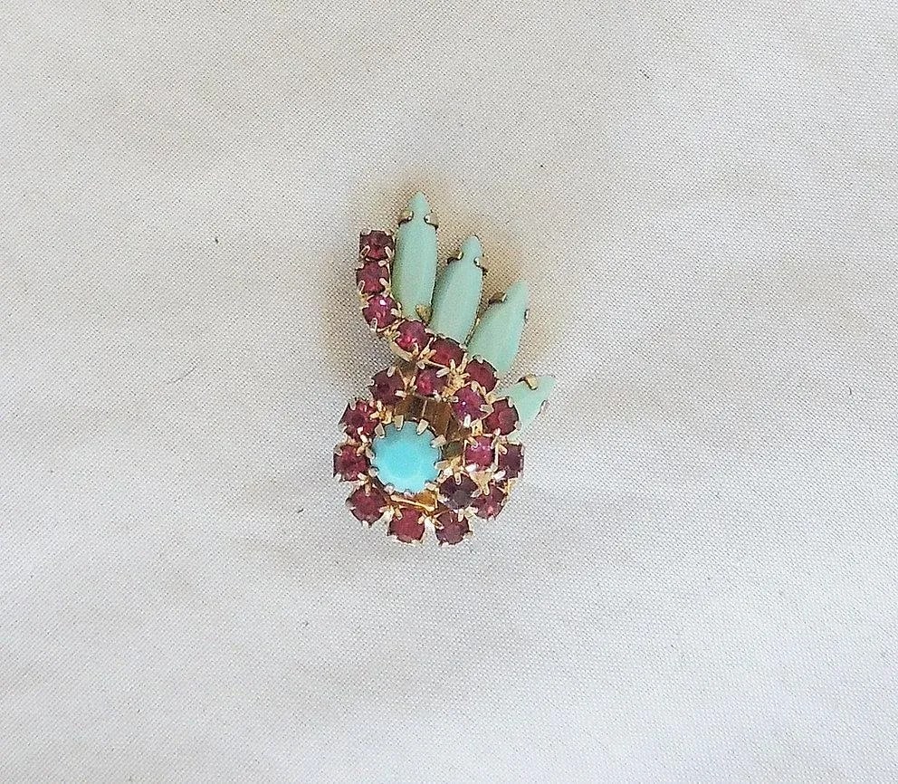 Vintage 1960s Faux-Turquoise & Faux-Ruby Rhinestone Earrings - 2 Pieces - 3