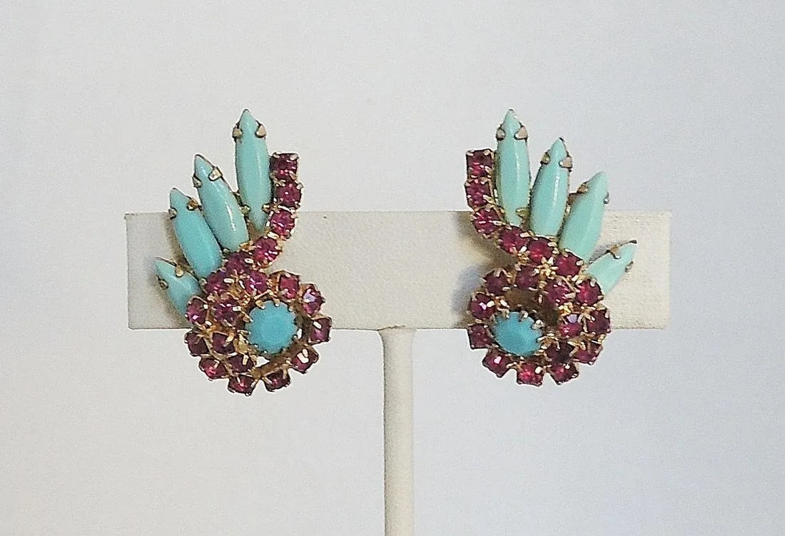 Vintage 1960s Faux-Turquoise & Faux-Ruby Rhinestone Earrings - 2 Pieces - 4