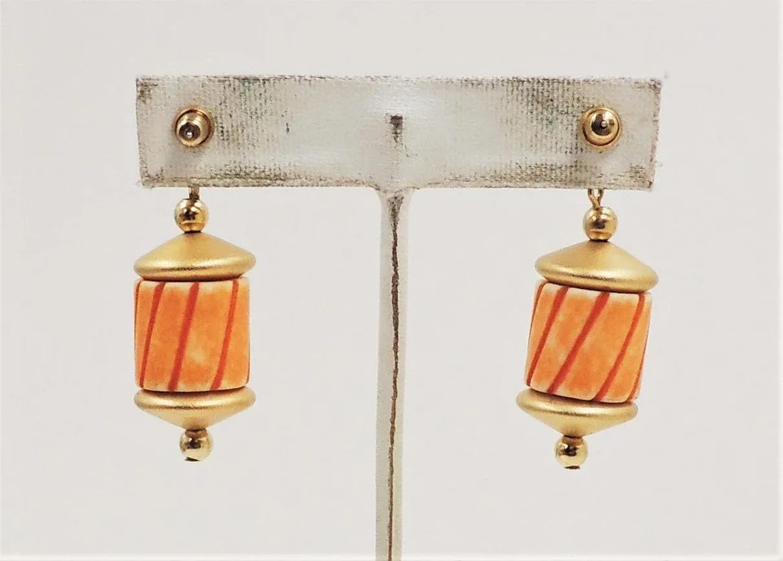 1985 Vintage Napier Hand Carved Orange Bead Pierced Earrings - 2 Pieces - 5