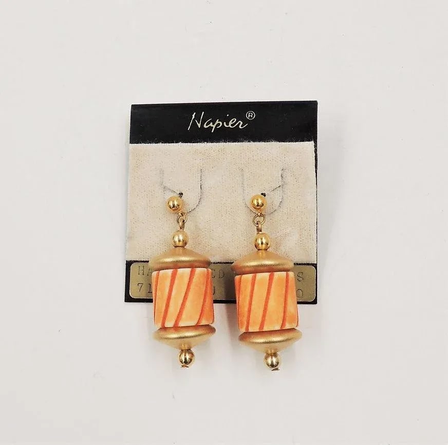 1985 Vintage Napier Hand Carved Orange Bead Pierced Earrings - 2 Pieces - 6