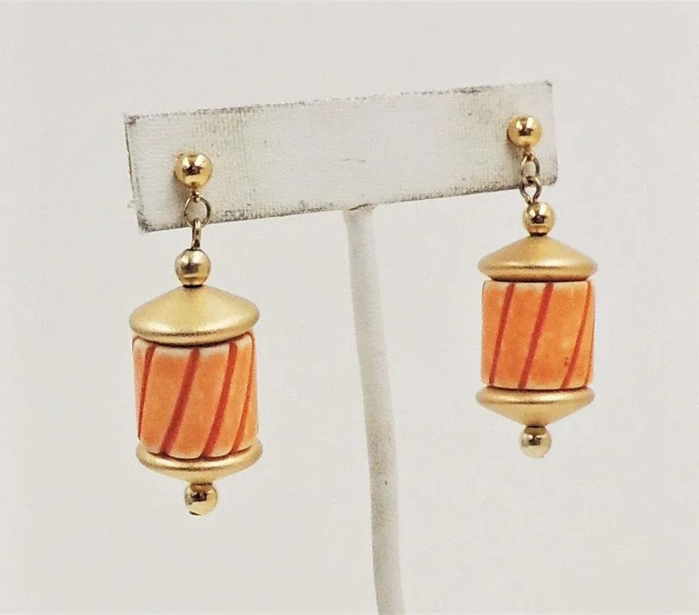 1985 Vintage Napier Hand Carved Orange Bead Pierced Earrings - 2 Pieces - 8