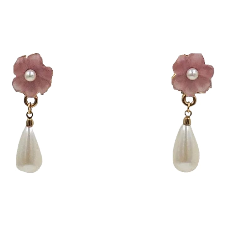 Vintage Circa 1990 Napier Resin Flowers & Faux-Pearl Pierced Earrings - 2 Pieces: This is part of Chairish's Costume Jewelry assortment. c1990 goldtone pink resin flowers with faux-pearl center and faux-pearl drop pierced earrings. Marked "Napier." Measure: 1 1/2 inches long by