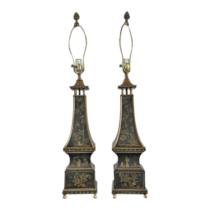 21st Century Chinoiserie Tole Pagoda Lamps - a Pair: Chinoiserie Tole Pagoda Lamps - a Pair sold as found previously owned in good condition working. Condition: Alterations: Original Condition Unaltered Imperfections: Some Imperfections Condition