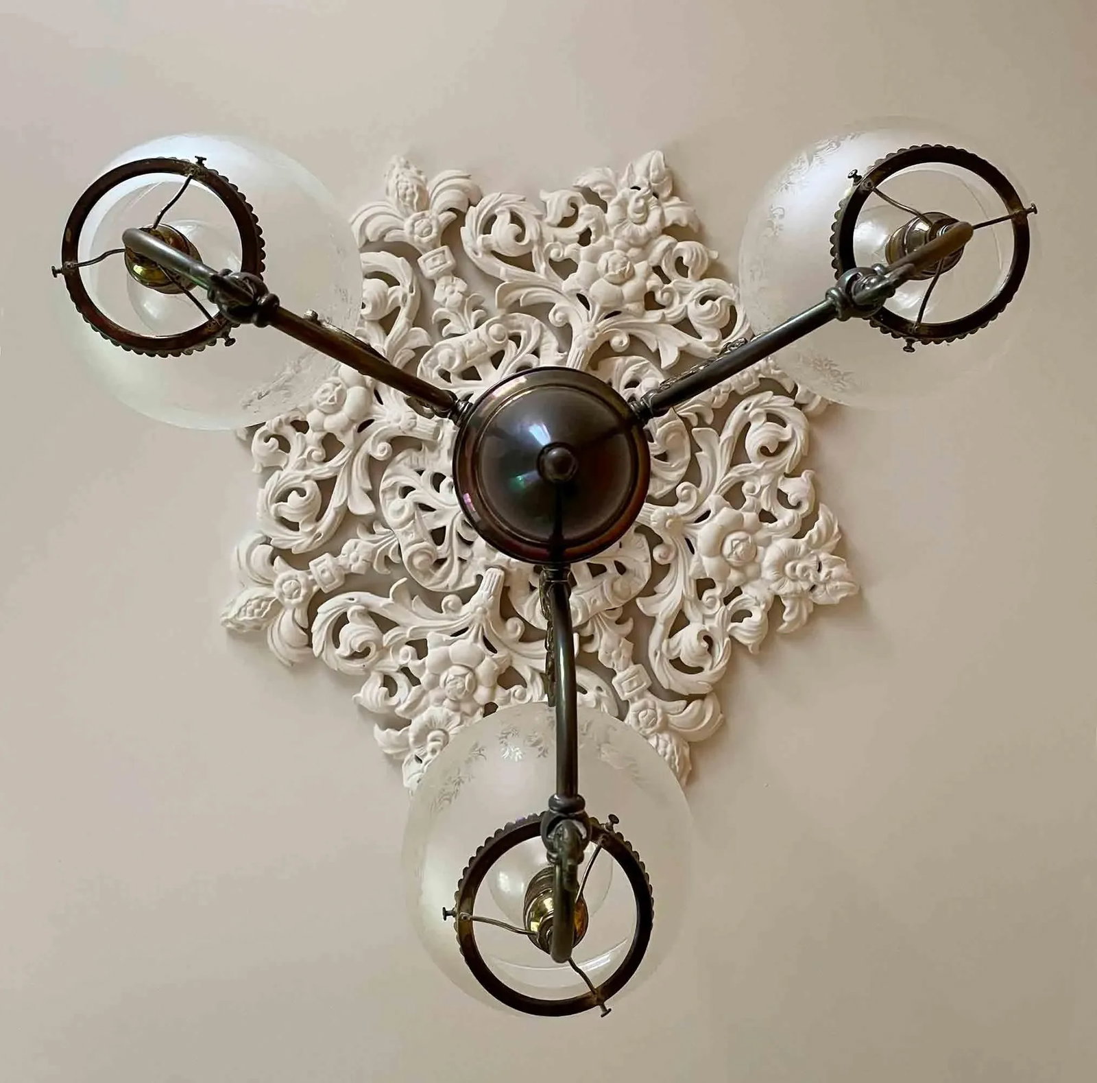 Chandelier Antique Brass Three Arm Victorian - 2