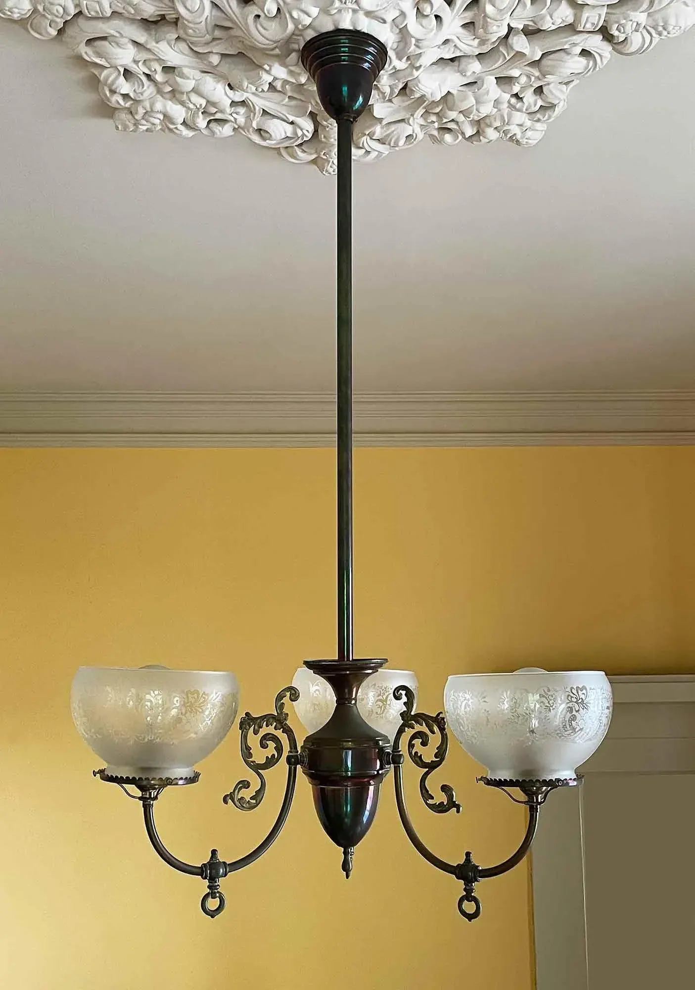 Chandelier Antique Brass Three Arm Victorian - 3