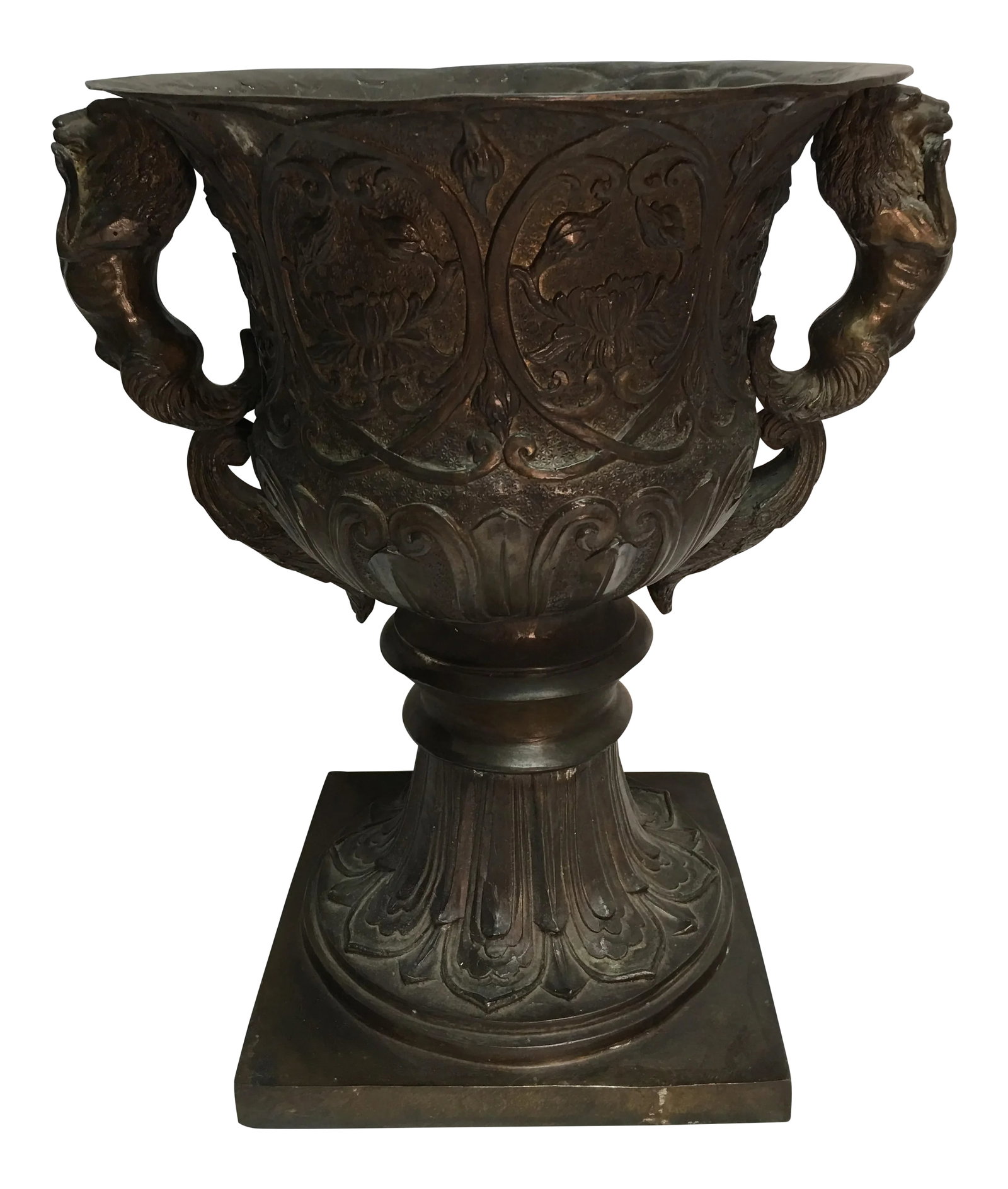 Vintage Bronze Garden Urn: Exceptionally detailed bronze urn with double handle lions . Purchased at auction approximately 30 years ago . Excellent condition. Located in Michigan Thank you for looking ! Condition: Alterations: