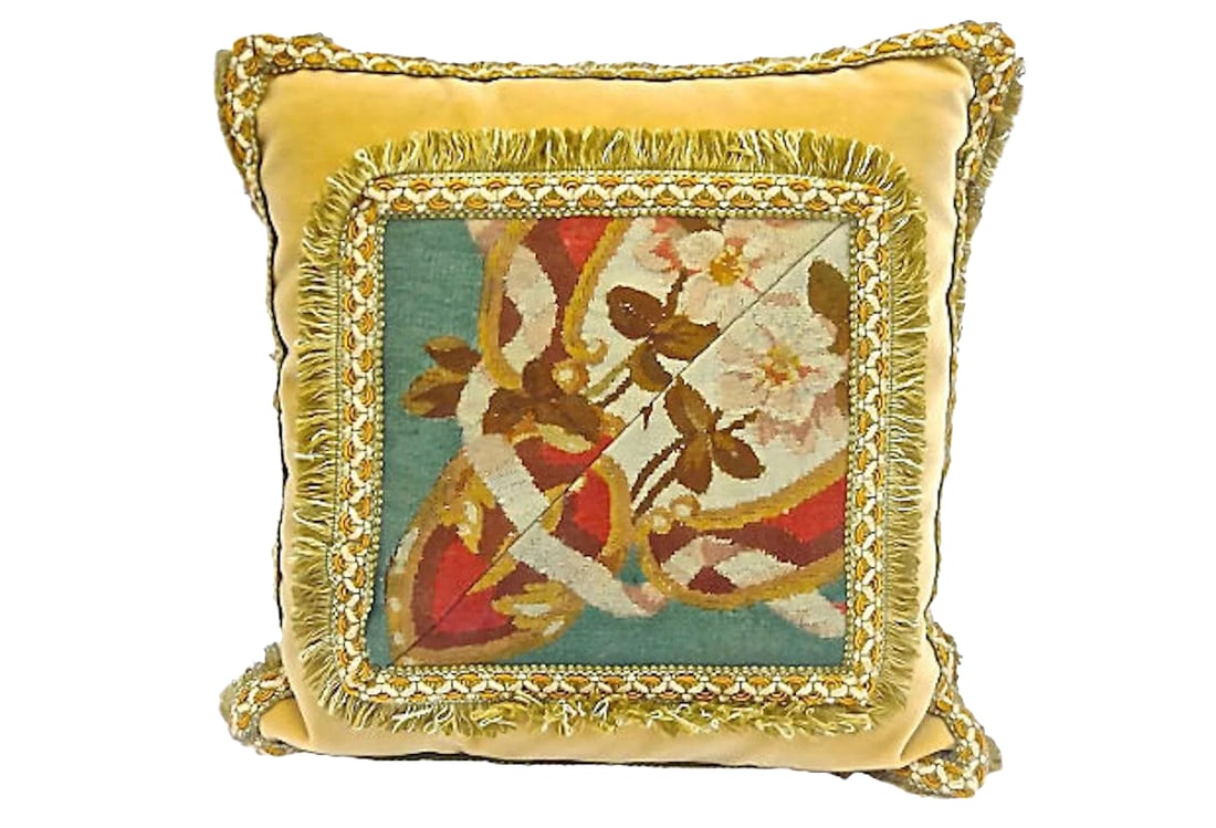 19th Century Antique Velvet & Floral Aubusson Pillow: 19th-century floral Aubusson and velvet pillow with decorative fringe and floral needlepoint in the center. Velvet background and back. Down fill and zipper closure. No maker's marks. Minor wear. Cond