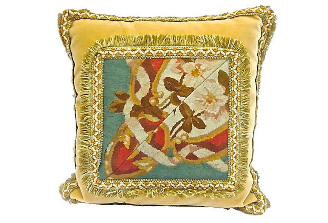 19th Century Antique Velvet & Floral Aubusson Pillow - 3