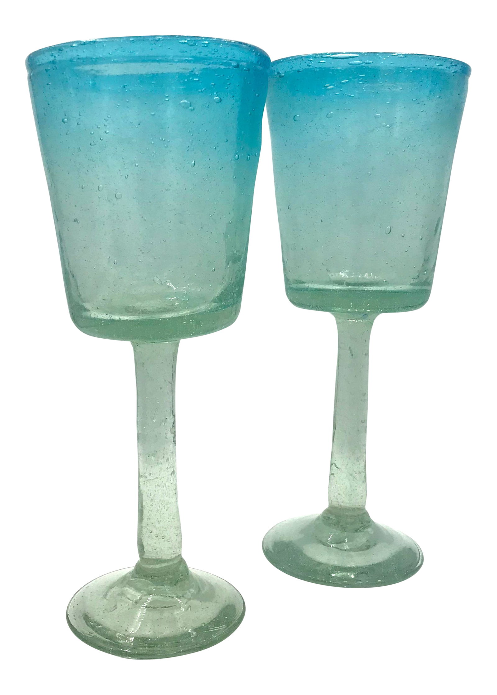 Tall Hand Blown Aqua Ombre Art Glass Goblets - A Pair (1 of 6)