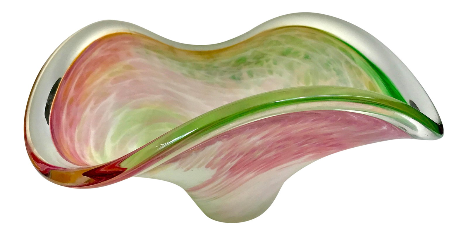 Mid-Century Murano Pastel Swirls Zanfirico Organic Form Bowl: This gorgeous bowl brings bright and cheery colors of pink, mint lime green and tangerine swirled together in a milky white base using the Zanfirico technique. The 3 sided bowl has undulating curves