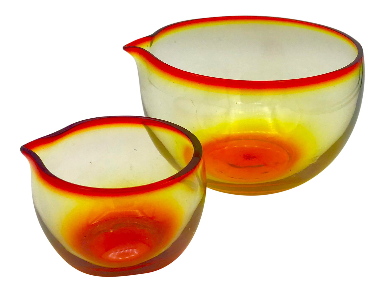 1960s Vintage Blown Glass Amberina Nesting Measuring Bowls - A Pair: These small hand blown spouted bowls of Amberina are as stunning as they are rare. One holds exactly 1/2 cup of fluids the other just about a cup and half. They can be used as decor, for measuring