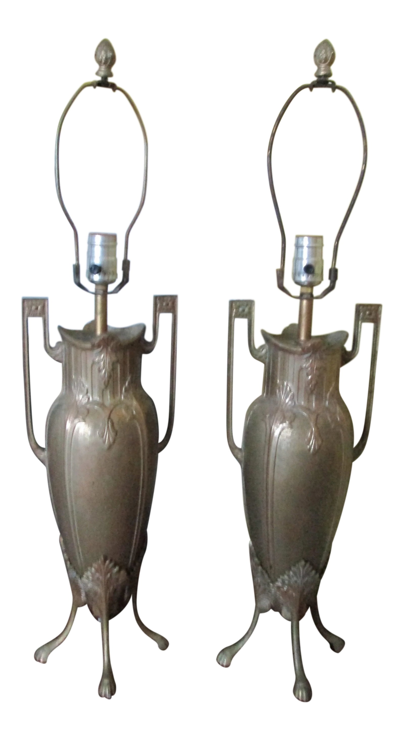Barbedienne Levillain Style Classical Greek Urn Form Numbered Lamps - a Pair: This classical pair of lamps are a mystery to me in some ways, with their gorgeous leaf overlays and Greek handles. They show the influence of great French lamps and urns from Barbedienne and Levillai