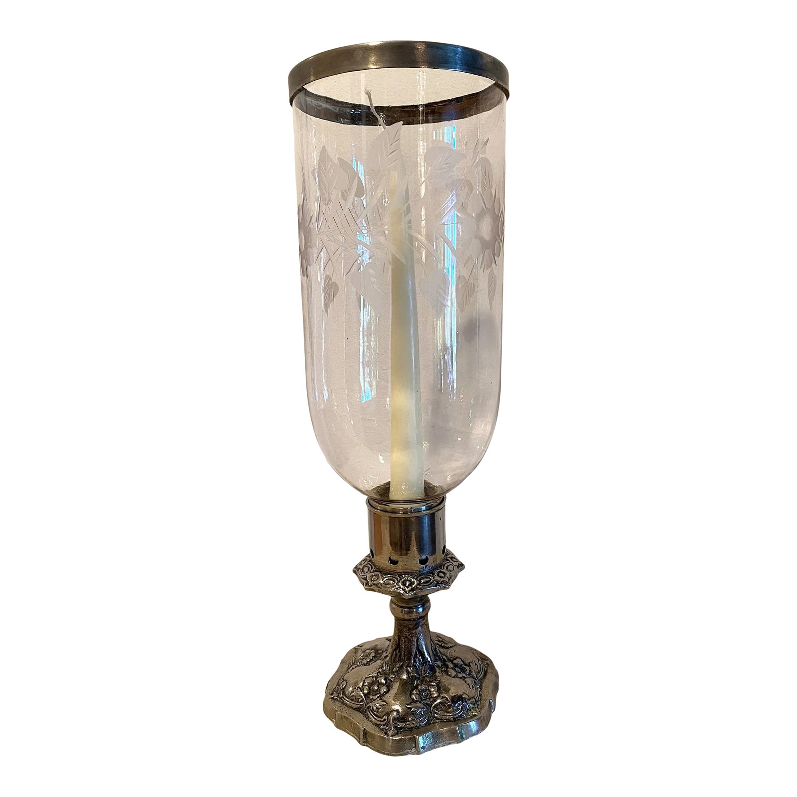 Early 20th Century Silver Plated & Etched Flowers & Leaves Glass Hurricane Candle Stick Lamp (1 of 5)