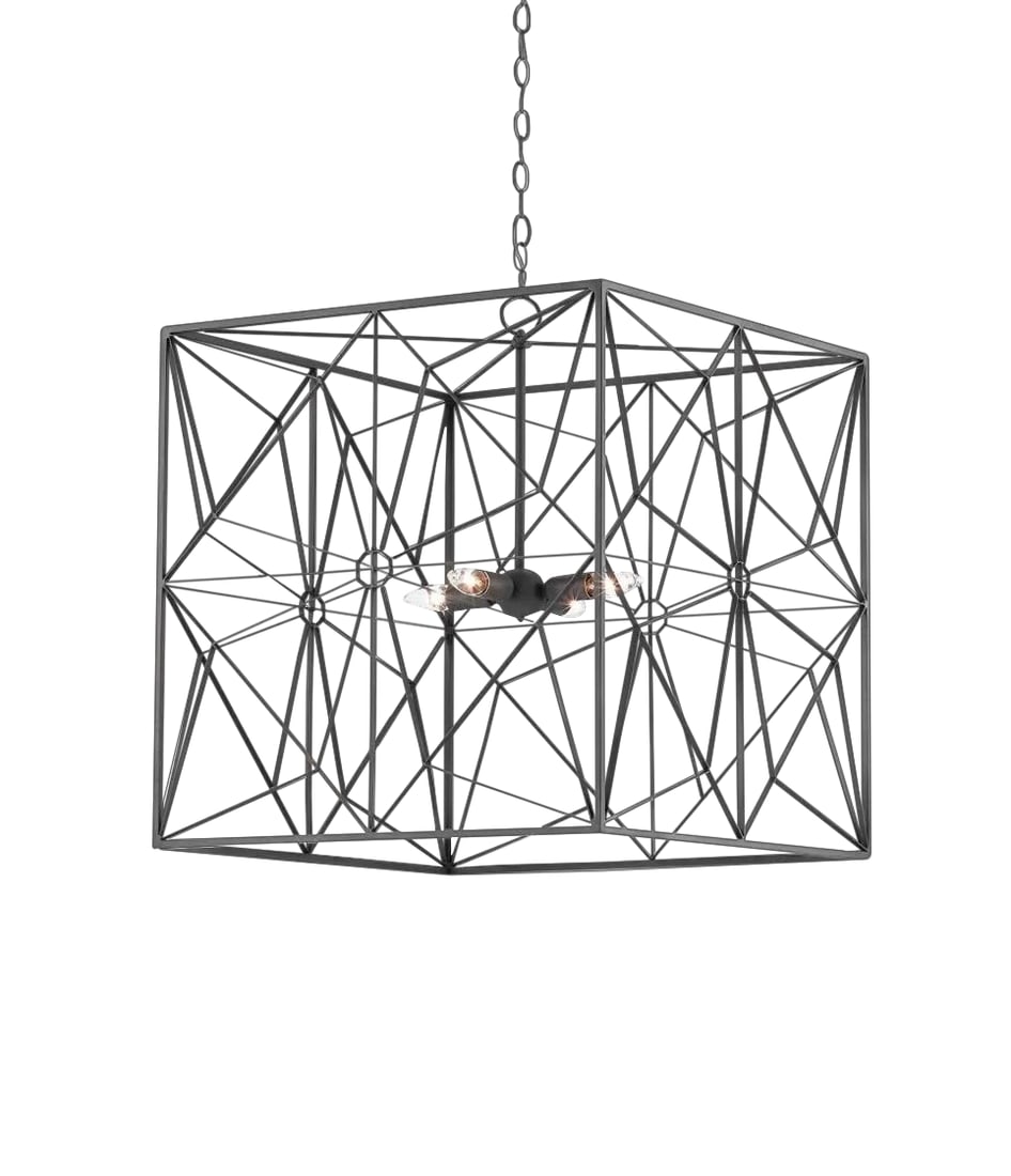 Currey & Co. Asanoha Chandelier: Stylish, Industrial modern Currey & Co. Asanoha Chandelier, gunmetal finish, geometric detail, four lights, showroom floor sample, original retail $1968 Condition: Imperfections: Some Imperfections