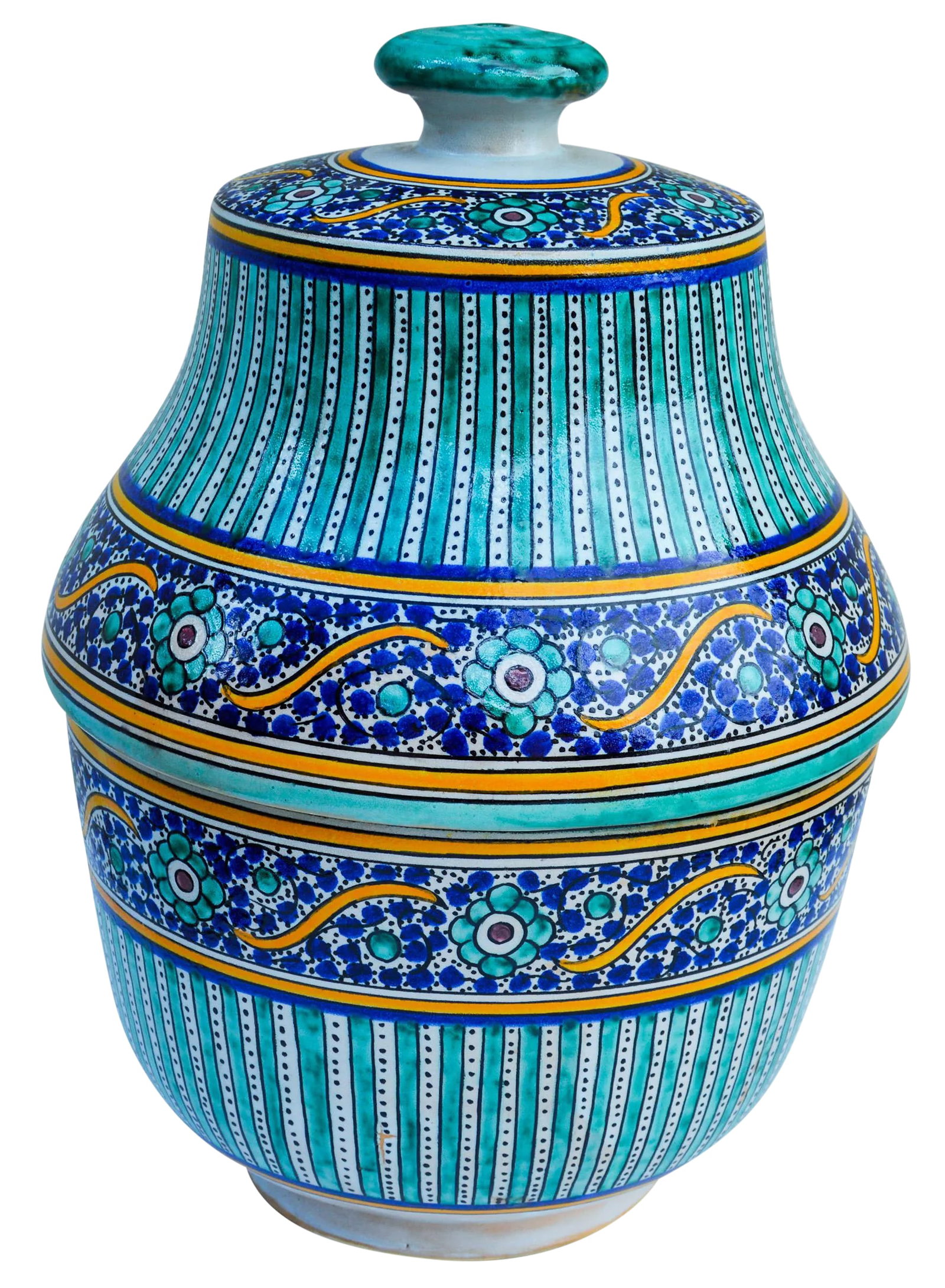 Late 20th Century Moroccan Moorish Lidded Bowl: Handcrafted and glazed Moroccan ceramic jar with lid. Featuring an intricate hand-painted Moorish pattern in traditional color combination. Maker's mark on underside. This gorgeous accent ships