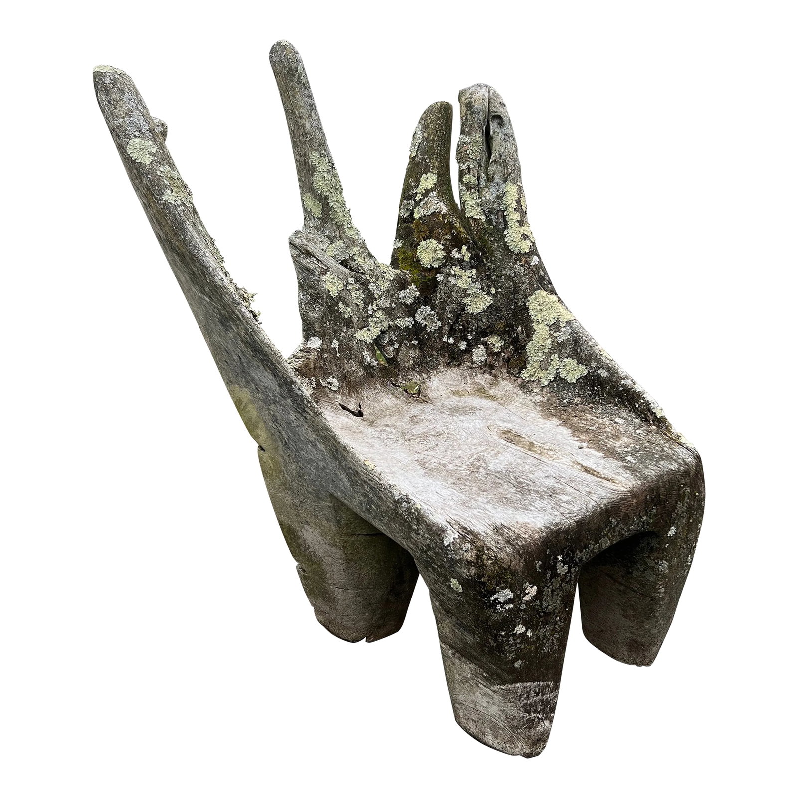 Specimen Carved Driftwood Outdoor Chair: Specimen Carved Driftwood Outdoor Chair. Large specimen piece of driftwood carved in to an outdoor chair with lichen growth. Property of a designer decorated North Salem, New York equestrian estate.