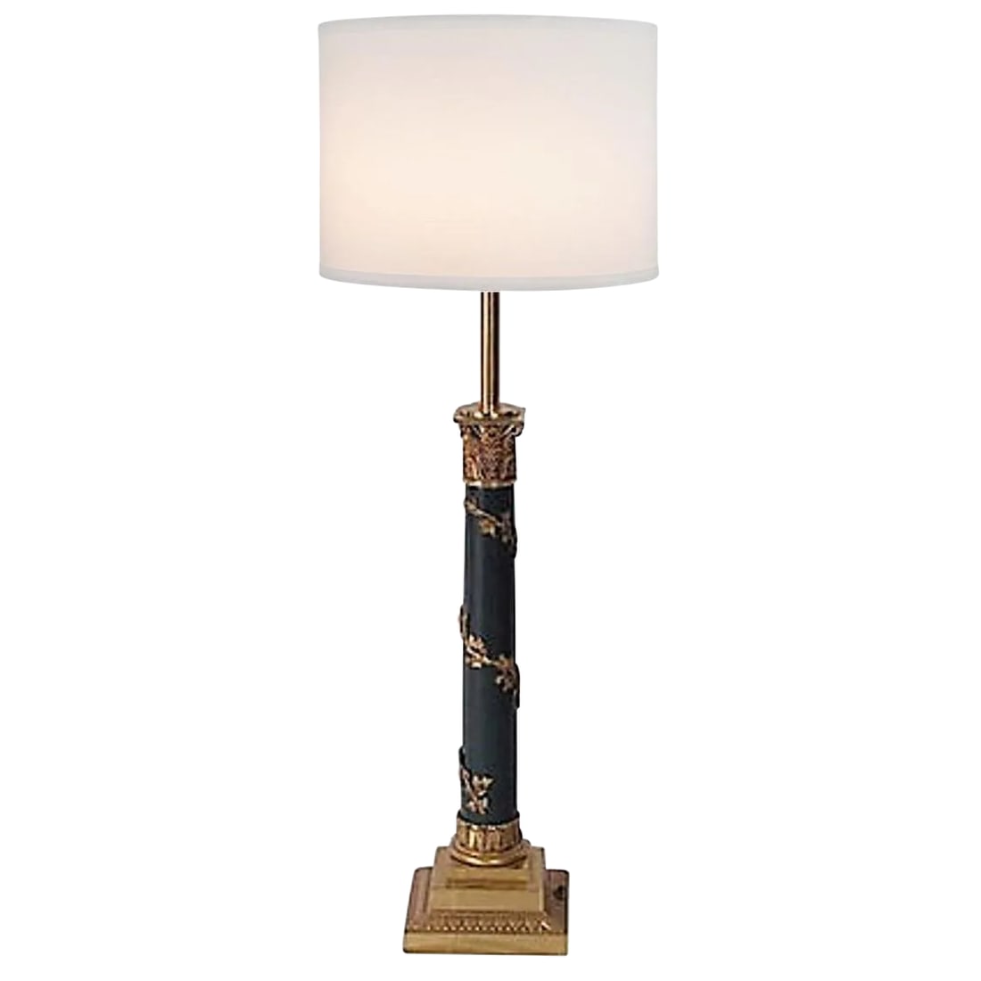 1960s Regency Brass Ivy Lamp: 1960s tall Stiffel solid brass lamp featuring a Roman scrolled capital and ivy design on the column. Topped with a milk glass diffuser. Wired and in working condition; takes a standard bulb. 38"H to