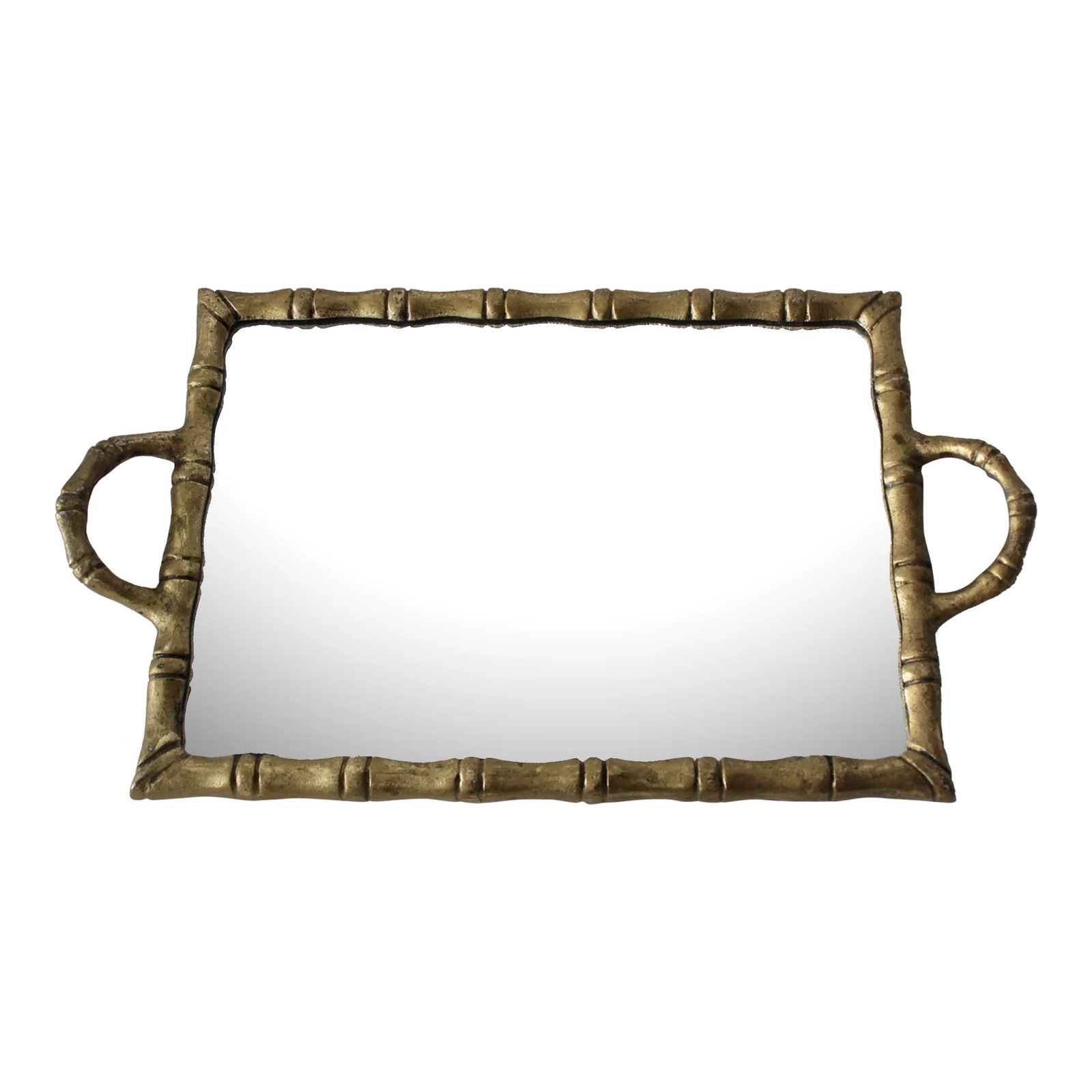 Vintage Modern Brass Finish Metal Faux Bamboo Mirrored Cocktail Serving Tray: Vintage Modern Brass Finish Metal Faux Bamboo Mirrored Cocktail Serving Tray, in good vintage condition, low profile, brass finished metal Condition: Alterations: Original Condition Unaltered Imperfec