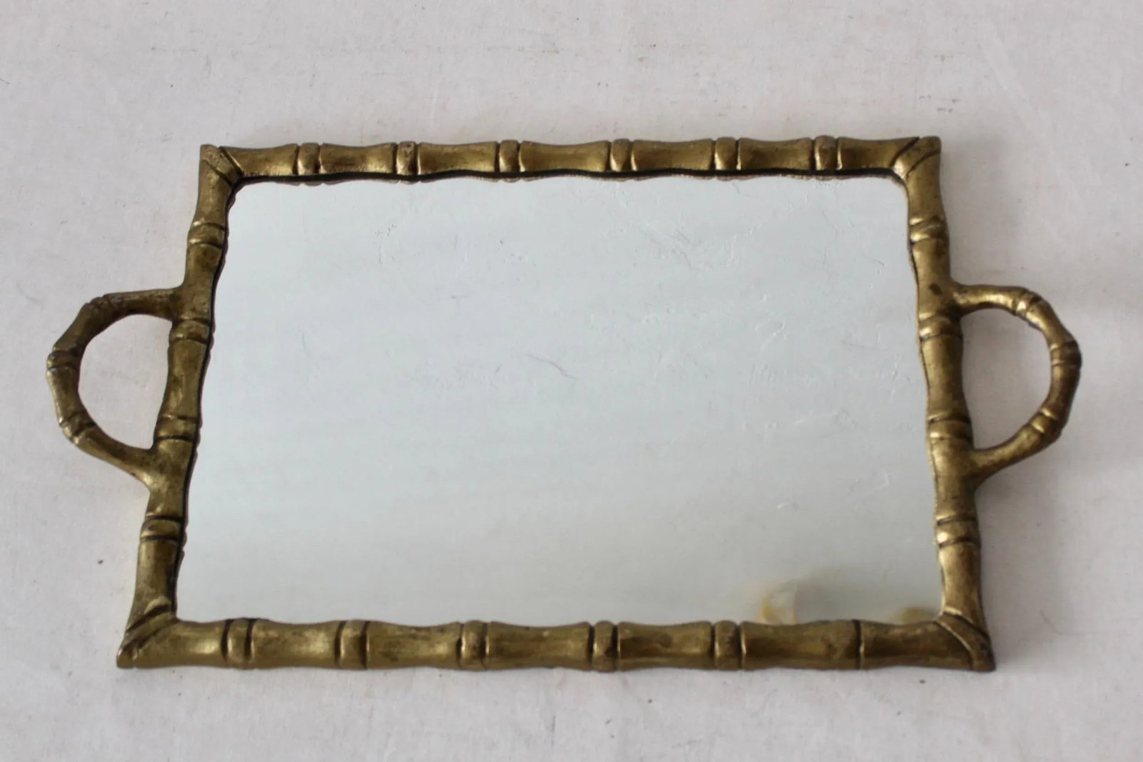 Vintage Modern Brass Finish Metal Faux Bamboo Mirrored Cocktail Serving Tray - 2
