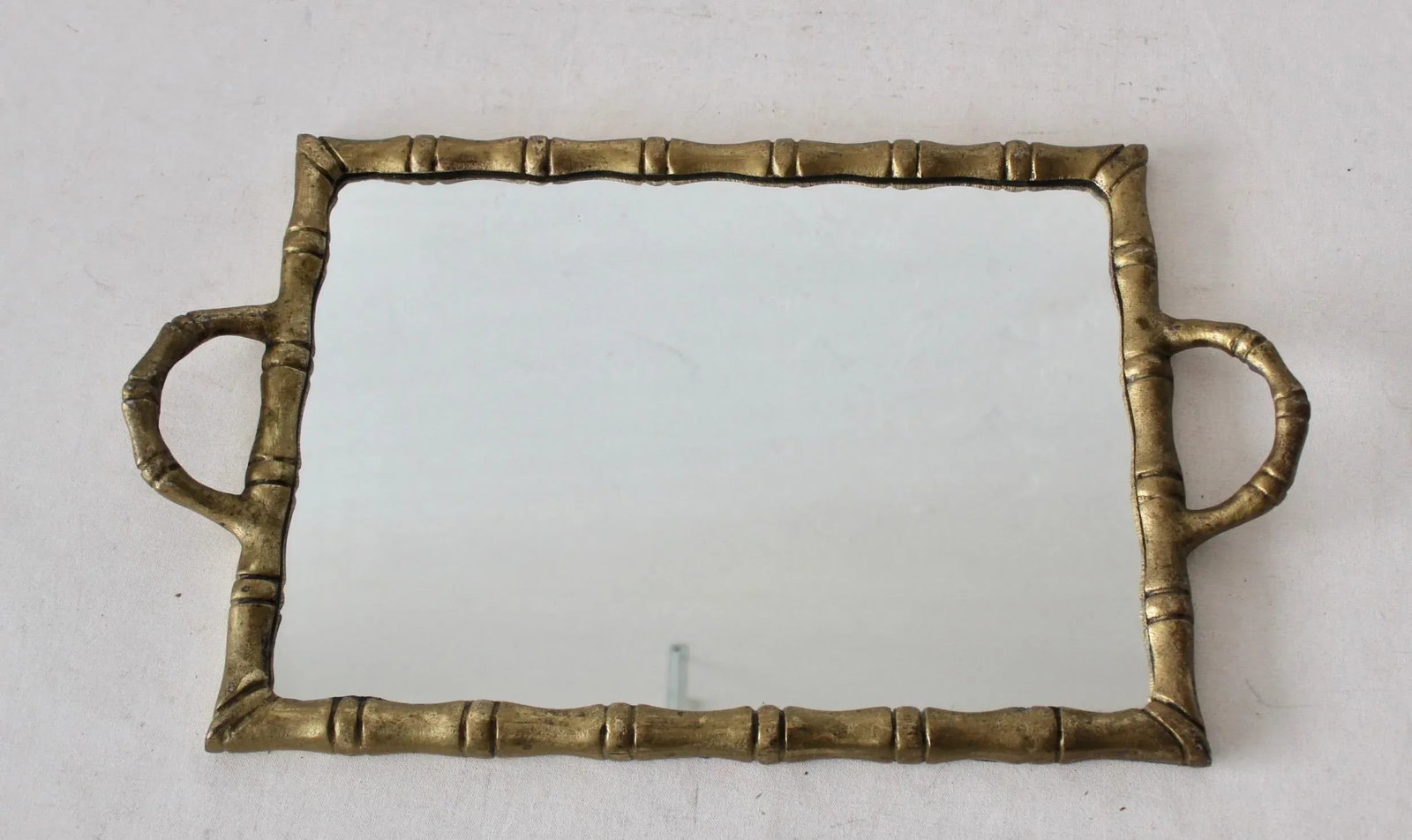 Vintage Modern Brass Finish Metal Faux Bamboo Mirrored Cocktail Serving Tray - 3