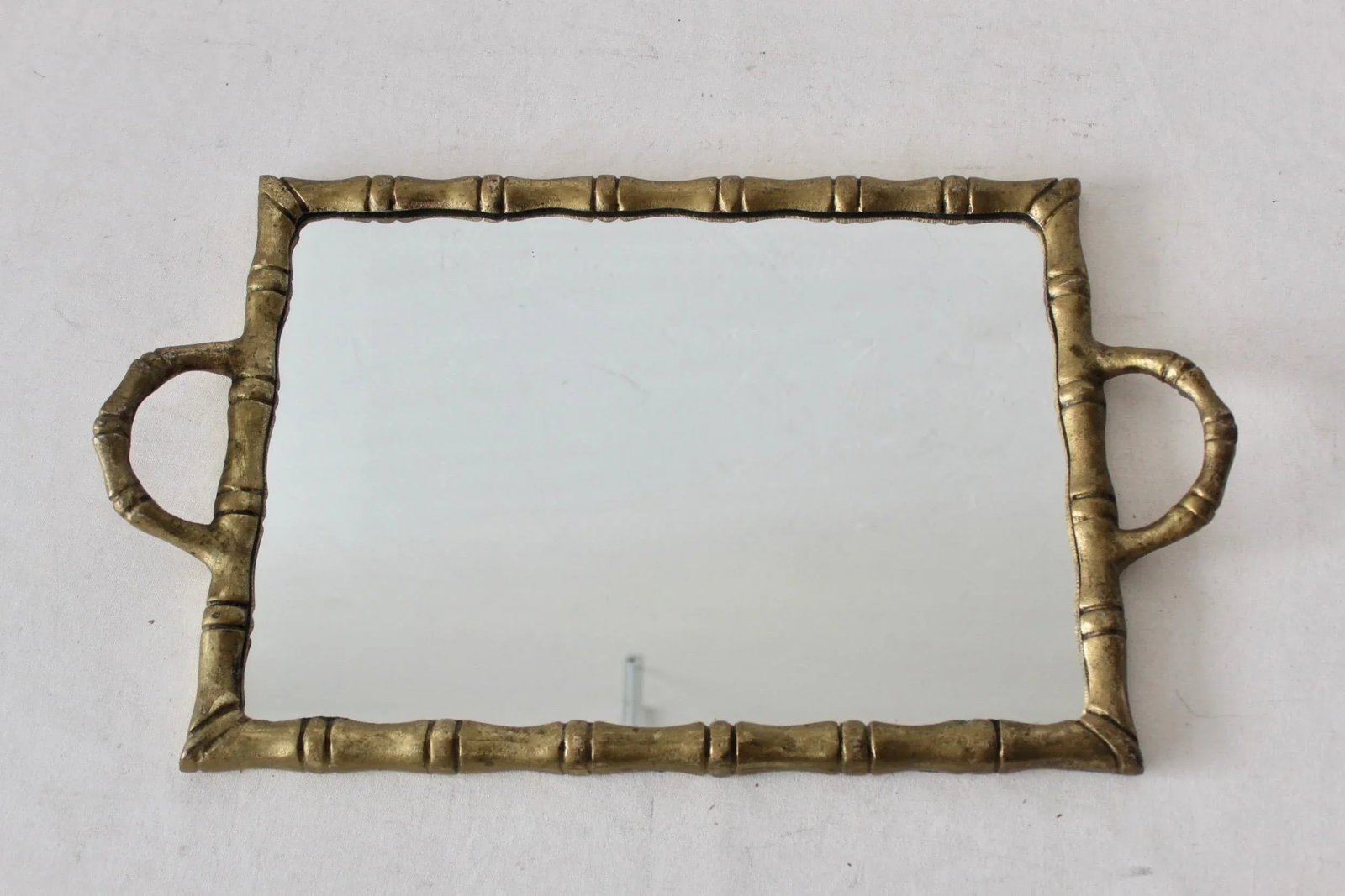 Vintage Modern Brass Finish Metal Faux Bamboo Mirrored Cocktail Serving Tray - 4