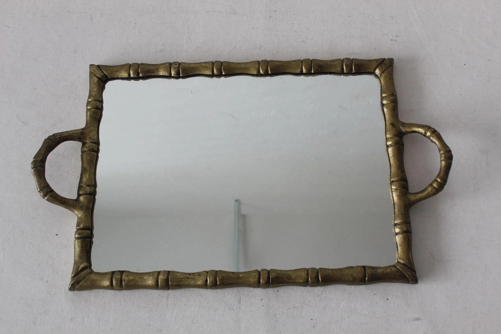 Vintage Modern Brass Finish Metal Faux Bamboo Mirrored Cocktail Serving Tray - 8