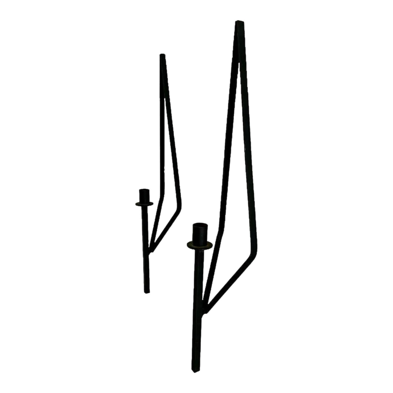Pair of Mid-Century Sculptural Wrought Iron Sconces Styled After Paul McCobb: Pair of mid century candle holder, wall sconces in the manner of Paul McCobb. Wrought iron construction. No maker's mark or label present. Original, unrestored vintage condition. Condition: