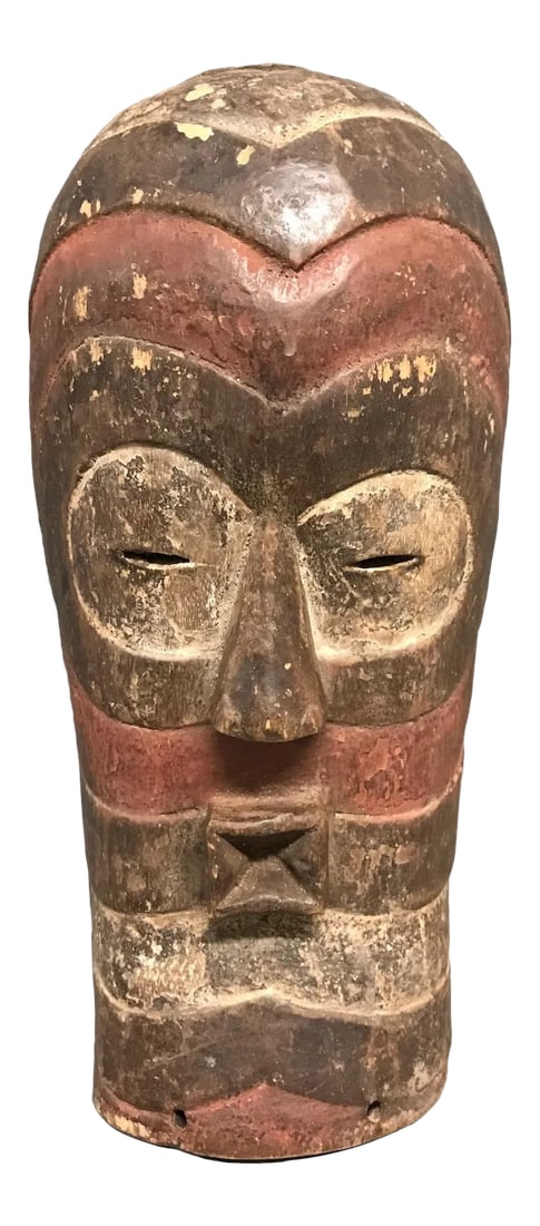 1990s African Songye Mask: African Art Tribal Art, Songye Mask from DR Congo Ages: Mid 20th Century Materials: Wood Country: Gabon Dimension: 16" high x 8" wide x 6" depth Condition: Very Good and Excellent . Some Scratches.