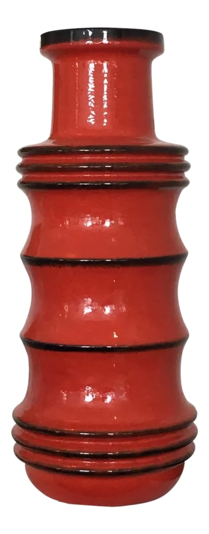 Vintage Red West German Vase: Large red West German vase with horizontal black stripes. The piece is vintage dating to the early 1950s. It maintains its original sticker Scheurich. Perfect for the unconventional Valentines Day