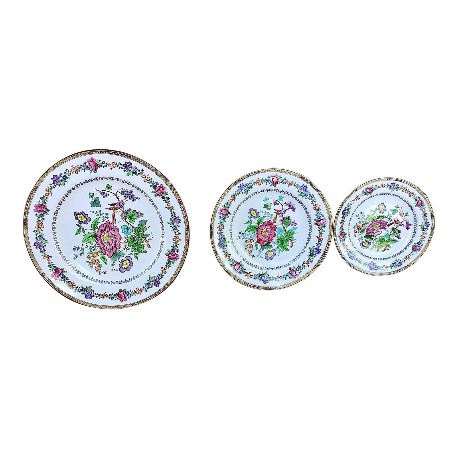 40 Plates - Spode Copeland English Bone China in Chinese Rose Pattern: Collection of Spode Copeland English Bone China - 40 Pieces. Pattern #7866, features a floral design with bird on branch, banded border, on white glazed ground, marked to undersides. Includes: 13 -