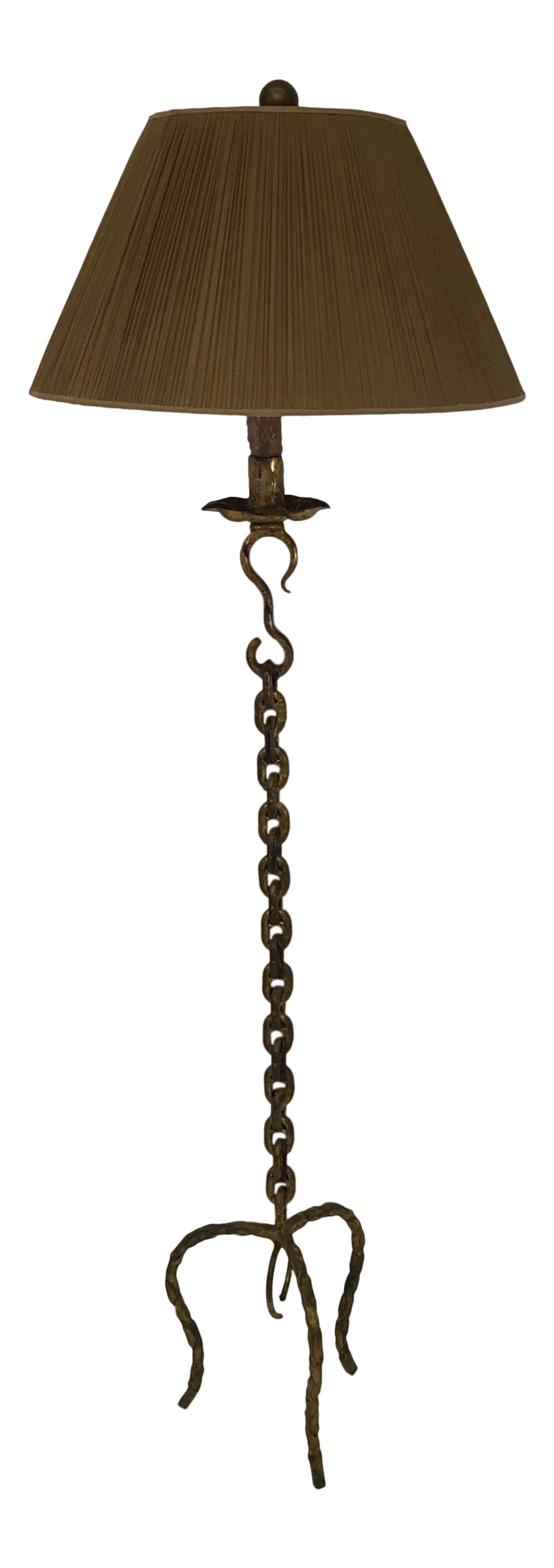 Gold Chain Metal Floor Lamp: Metal chain tripod base floor lamp with gold finish and real wax covered candlestick. Includes shirred spinach silk empire lampshade by Lux: 22 base 11 top 12 height. Condition: Alterations: Original