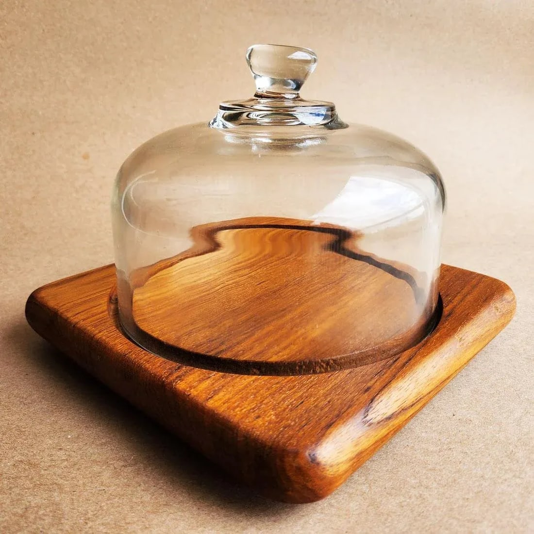 1970s Square Teak Wood Charcuterie Board With Glass Cloche - 2