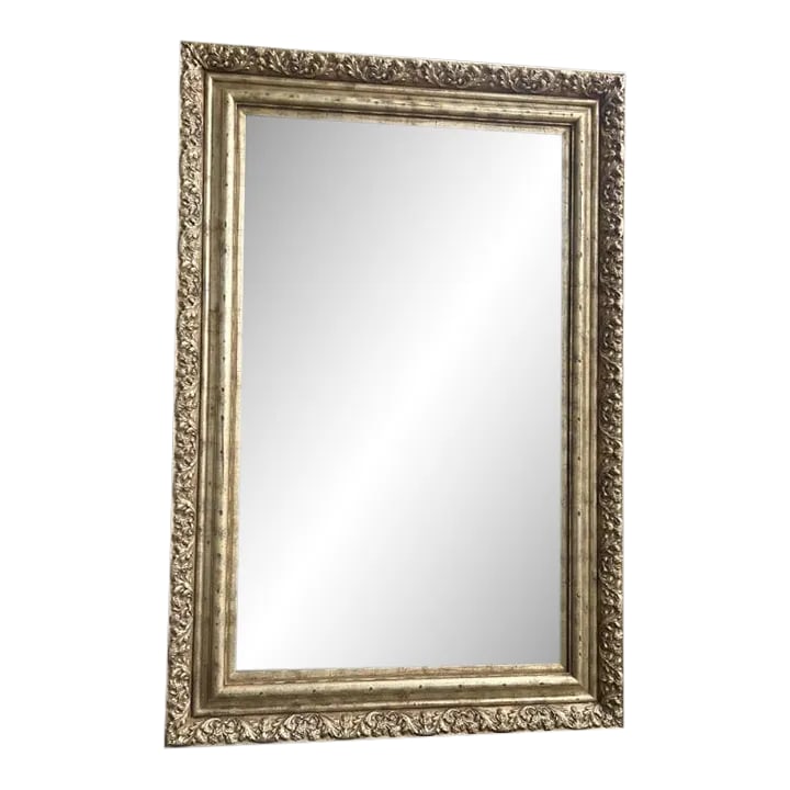 Mid Century Large Frame Beveled Mirror: Mid Century Large Frame Beveled Mirror. The Frame is decorated with an ivy motif and has a wonderful old patina finish. measures approx - 61 high x 41 wide Condition: Alterations: Original Condition