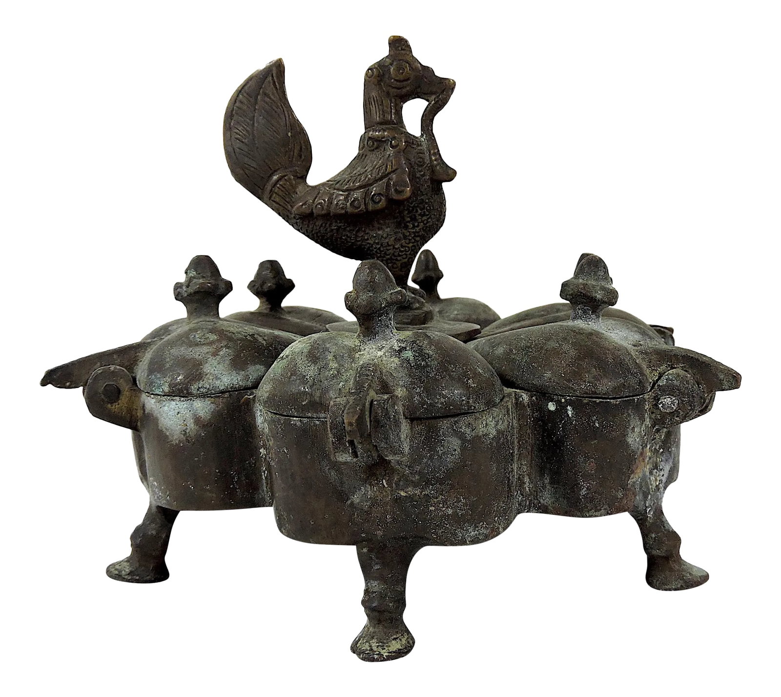 Antique Metal Indian 'Raj' Spice Container / Storage Box With Sacred Bird Finial: Indian Spice box, a traditional celled container for holding Kumkuma - different colored powders used for social and religious festivals; such as turmeric and vermillion. This antique storage box has