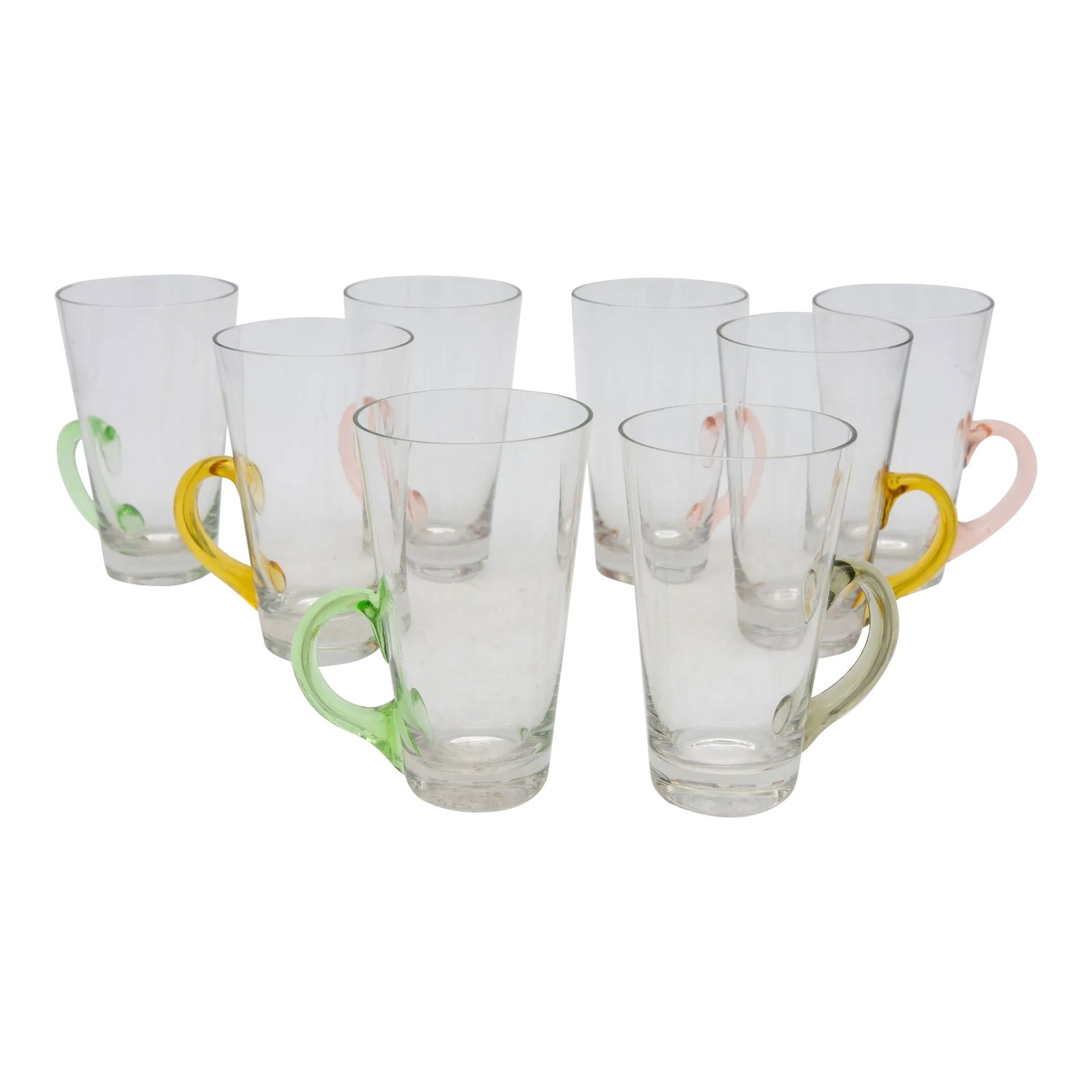 Set of Eight Vintage Hot Toddy Glasses With Colorful Handles: A delightfully whimsical set of eight vintage Hot Toddy glasses. Each glass has a pale pink, yellow, green, or gray handle. Enjoy a classic cocktail by the fire with friends and this set that is made 