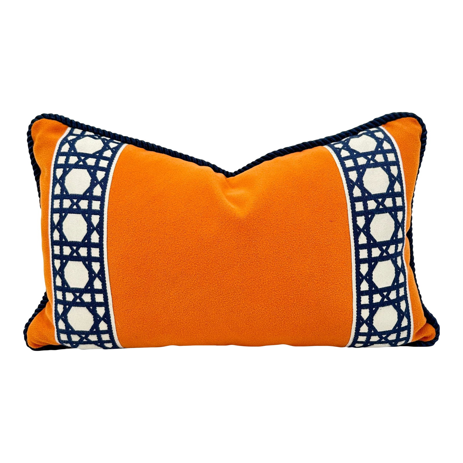 Orange Velvet Botanical Linen Print Pillow: Custom made pillow. Orange velvet on the front with dual vertical navy blue and white embroidered tape. Orange Botanical print linen on the back. Navy blue cord. Hidden zipper closure. Down blend inse