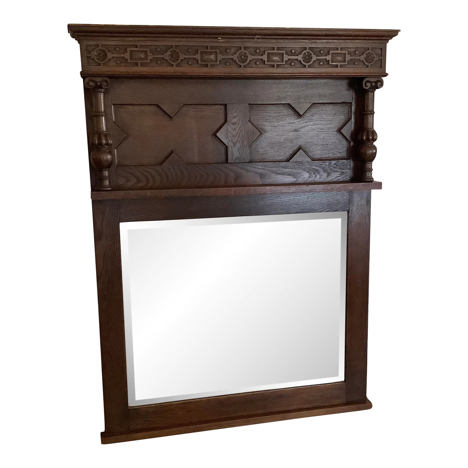 Late 19th Century Victorian Foyer Mirror: Stunning and large Victorian Walnut Foyer mirror. Measures 39 wide and 52 inches tall would normally be set on a table top or used as a dressing mirror.Intricate wood work, columns and scroll set
