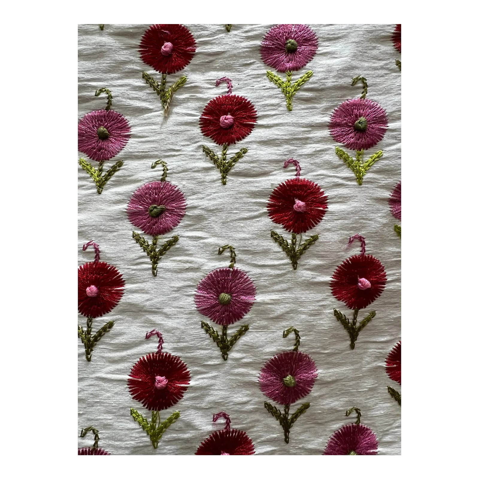 Schumacher Avodica Embroidery Silk and Linen Floral Fabric Made in India 1.5 Yards: Inspired by a document in Schumachers archives, this charming embroidered floral has hand-knotted details and a lovely, refined yet relaxed silk-linen ground. 17% spun cotton, 26% silk, 17% viscose, 4