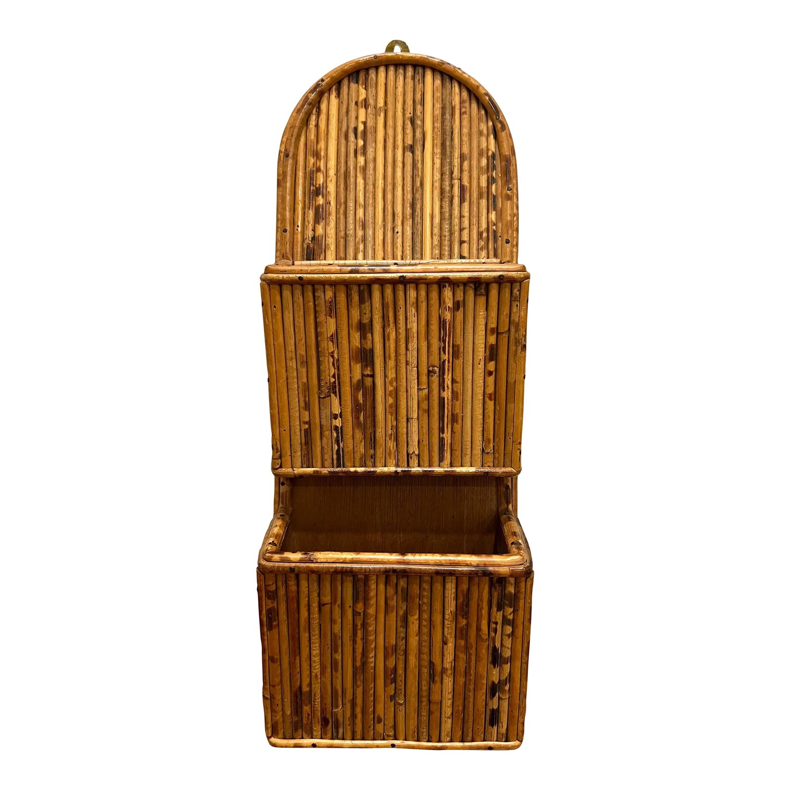 Bamboo Rattan Letter Holder: Lovely vintage tortoise rattan bamboo letter holder. Can be used for letters or mail or even desk accessories. Comes with a hook so easily to hang. Condition: Alterations: Original Condition Unaltered