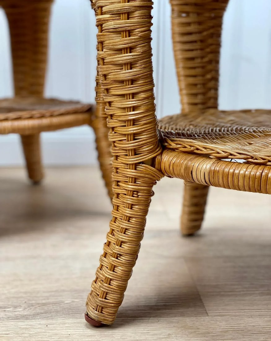 Vintage Coastal Boho Natural Wicker Round Plant Stand End Tables - a Pair - 10