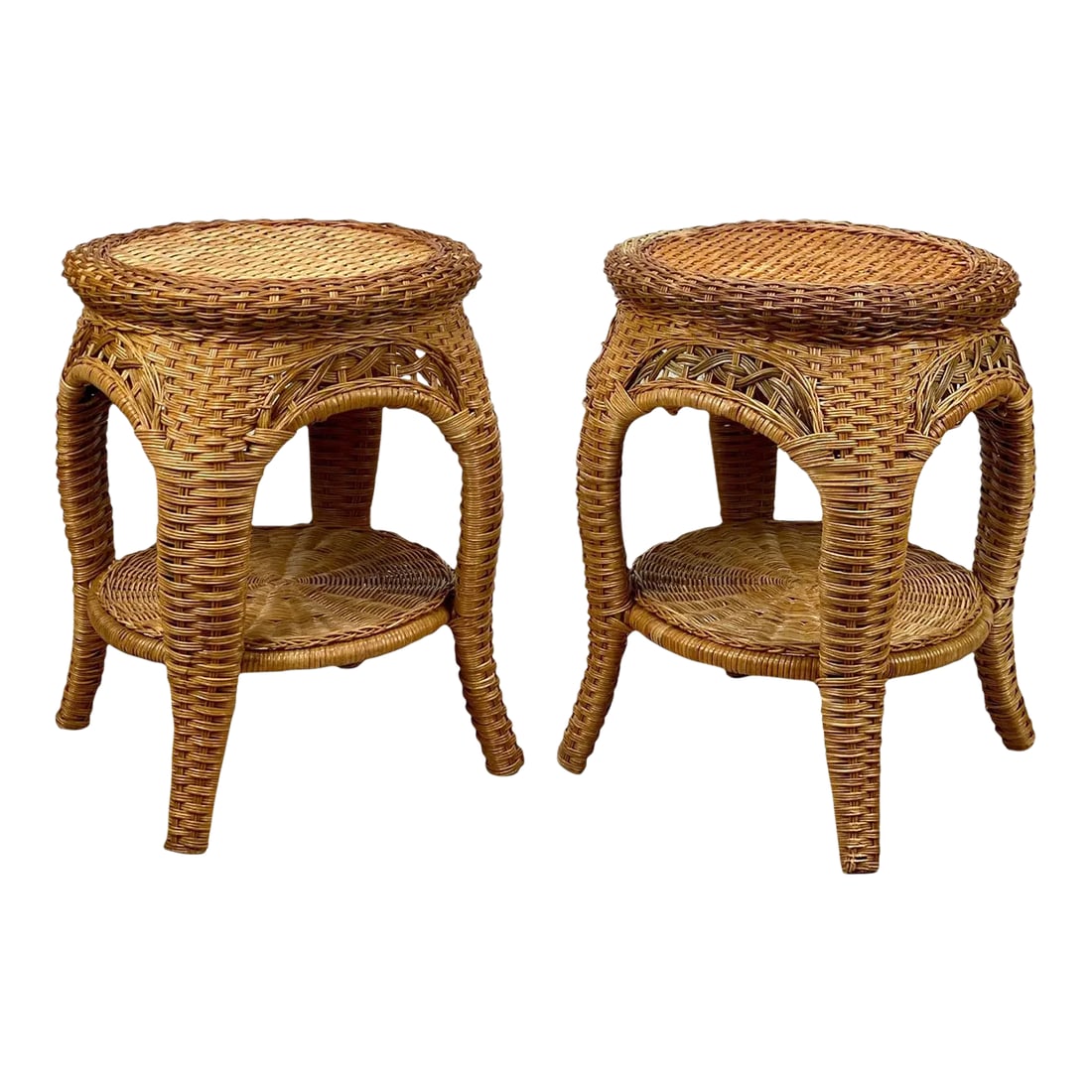 Vintage Coastal Boho Natural Wicker Round Plant Stand End Tables - a Pair (1 of 10)