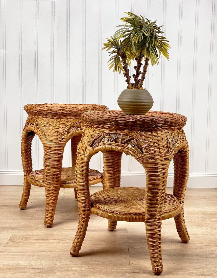 Vintage Coastal Boho Natural Wicker Round Plant Stand End Tables - a Pair - 2