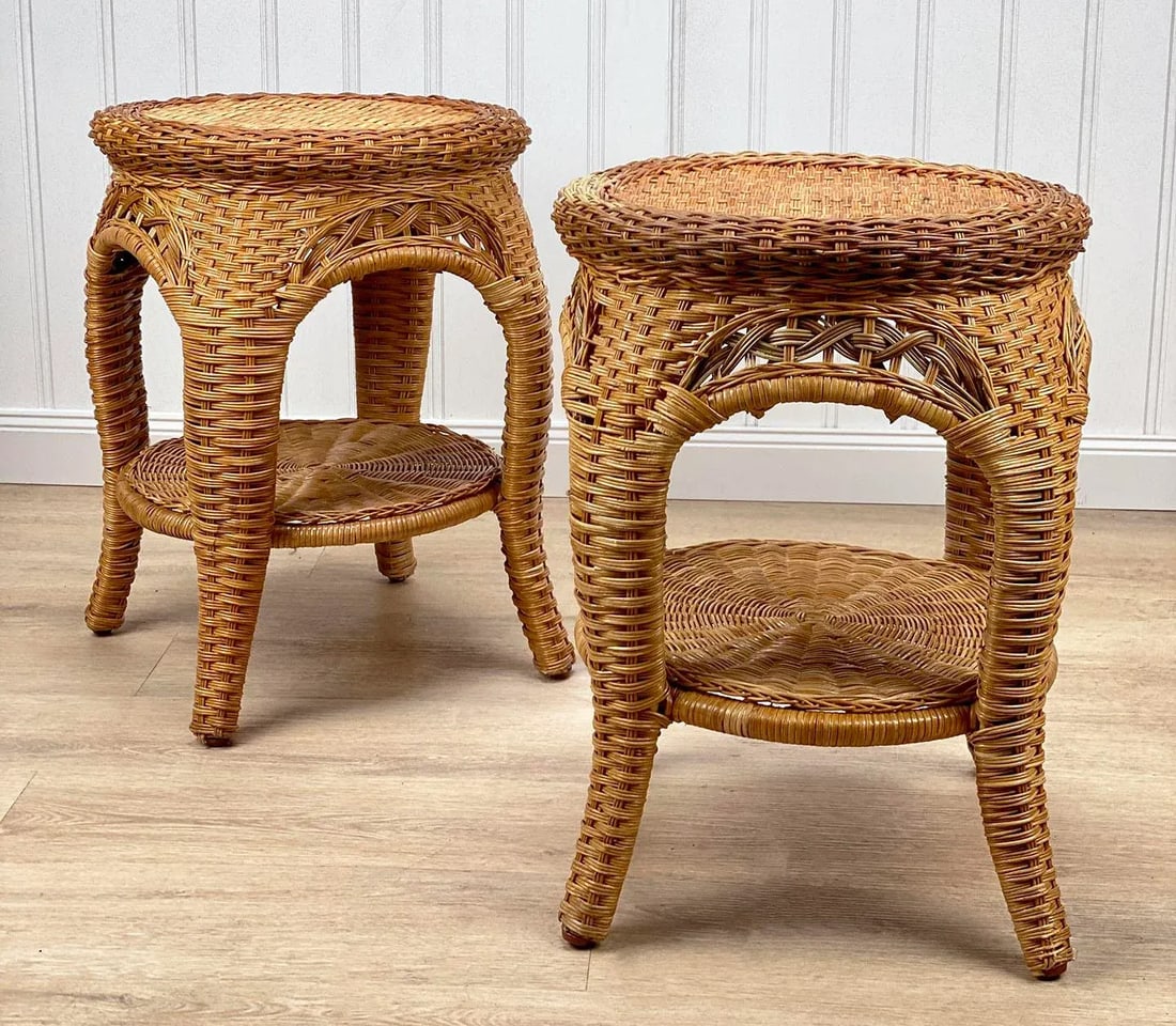 Vintage Coastal Boho Natural Wicker Round Plant Stand End Tables - a Pair - 3