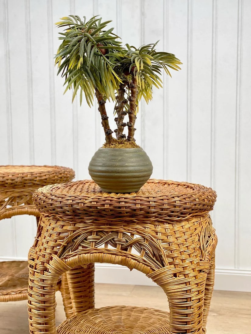 Vintage Coastal Boho Natural Wicker Round Plant Stand End Tables - a Pair - 4