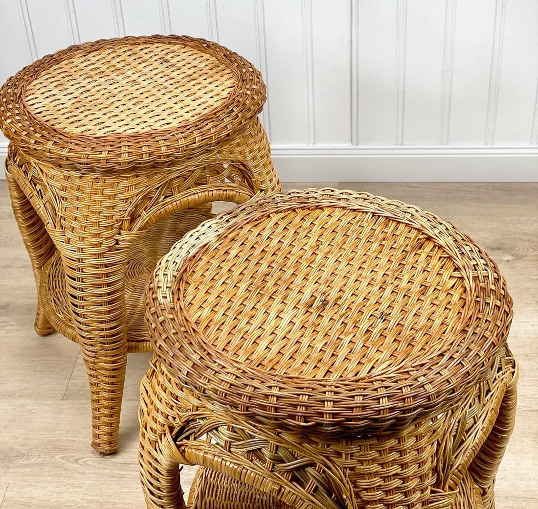 Vintage Coastal Boho Natural Wicker Round Plant Stand End Tables - a Pair - 5