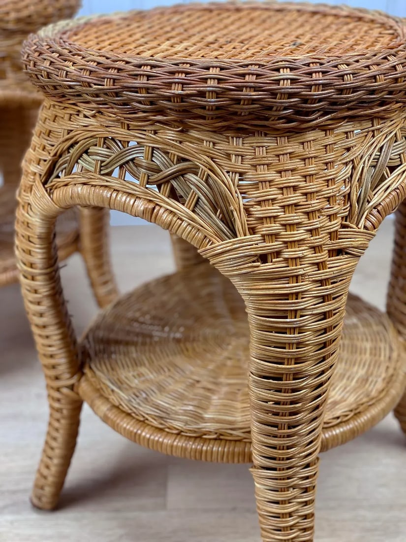 Vintage Coastal Boho Natural Wicker Round Plant Stand End Tables - a Pair - 7