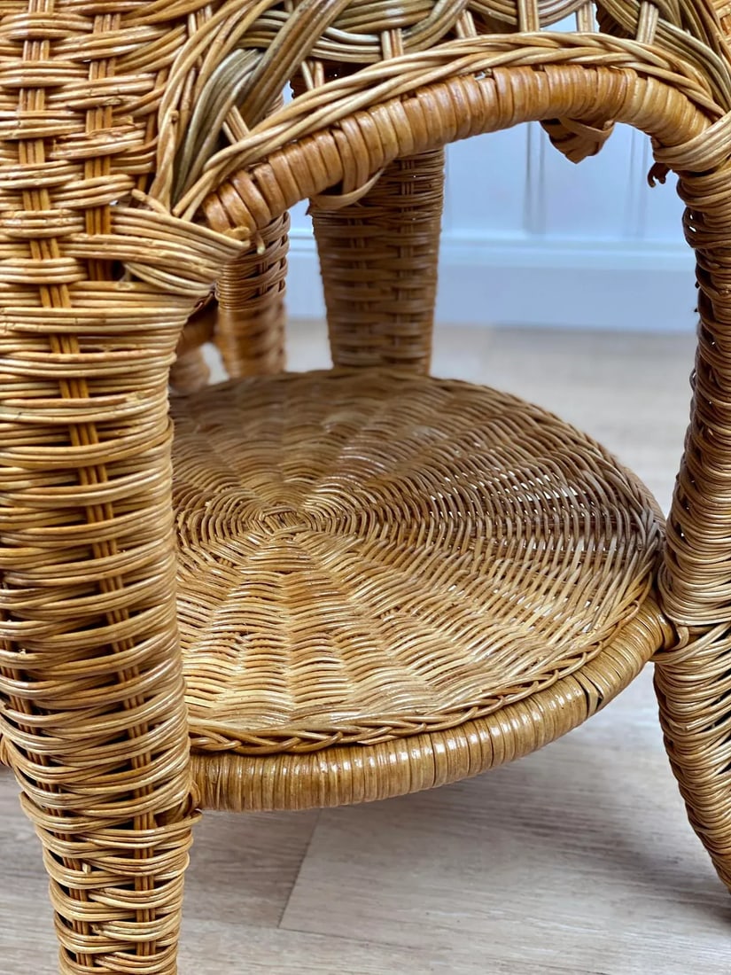 Vintage Coastal Boho Natural Wicker Round Plant Stand End Tables - a Pair - 8